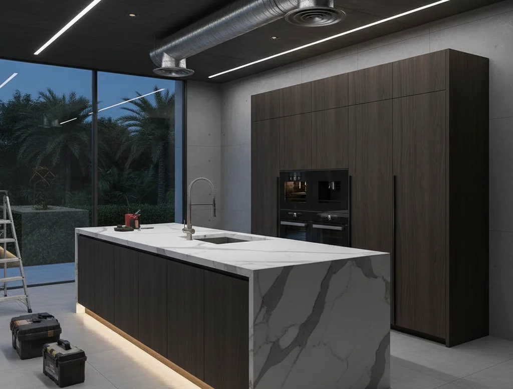 Villa kitchen renovation with plumbing and HVAC coordination