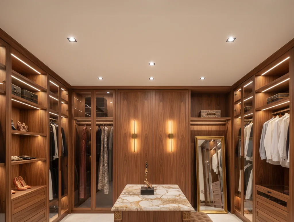 Custom walnut wardrobes and dressing area with integrated lighting