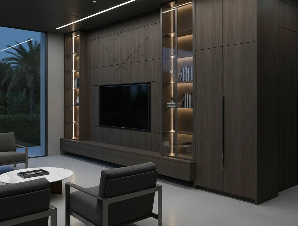 Bespoke wall panelling and TV cabinetry in a renovated villa