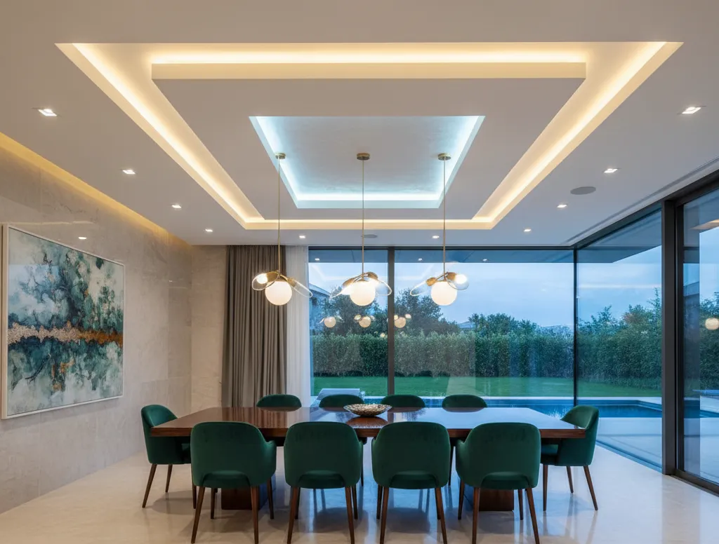 False ceiling with cove lighting and pendants in a District One villa