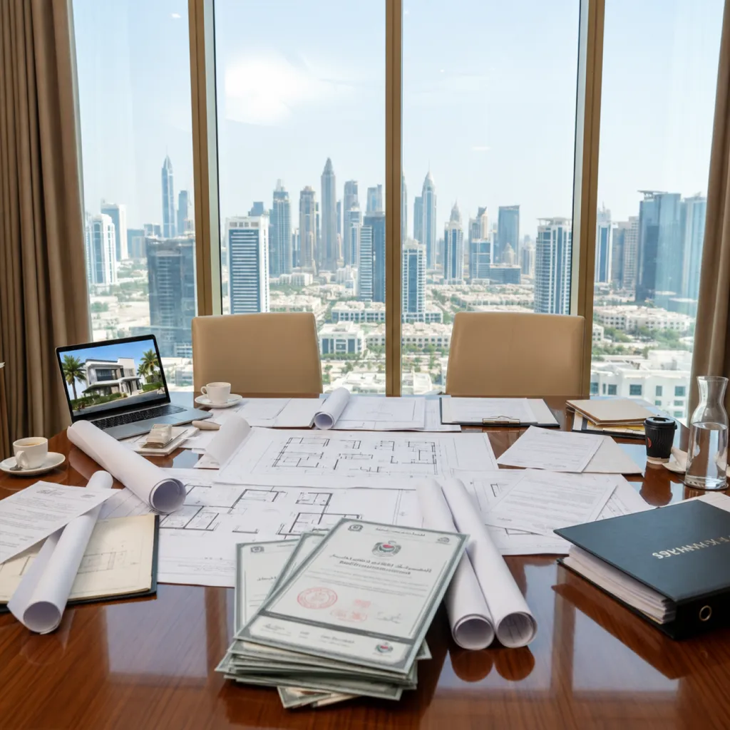 Home office with desk and skyline views in a District One villa