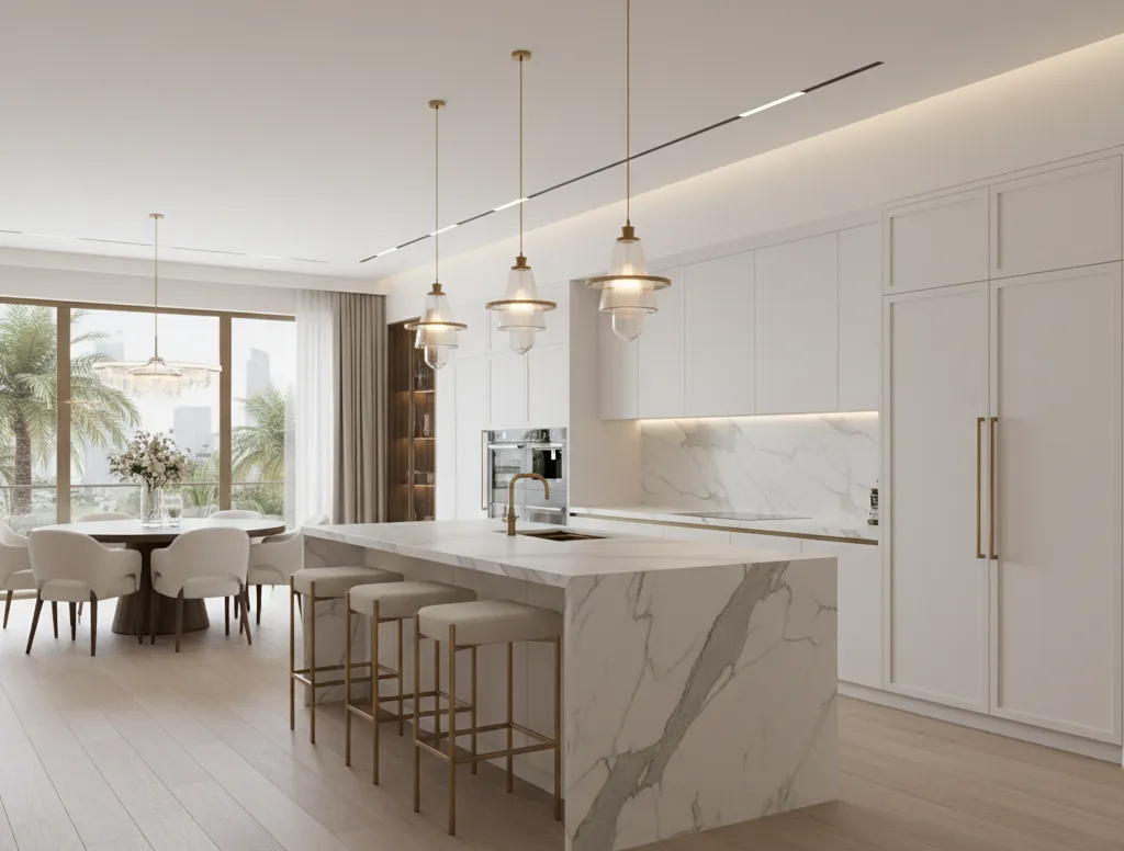 Kitchen renovation in a District One villa with marble island