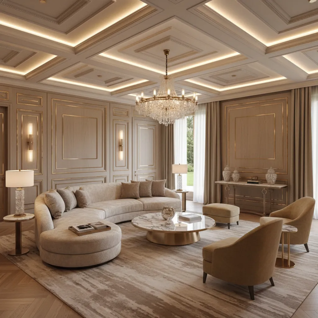 Living room renovation in a District One villa with coffered ceiling