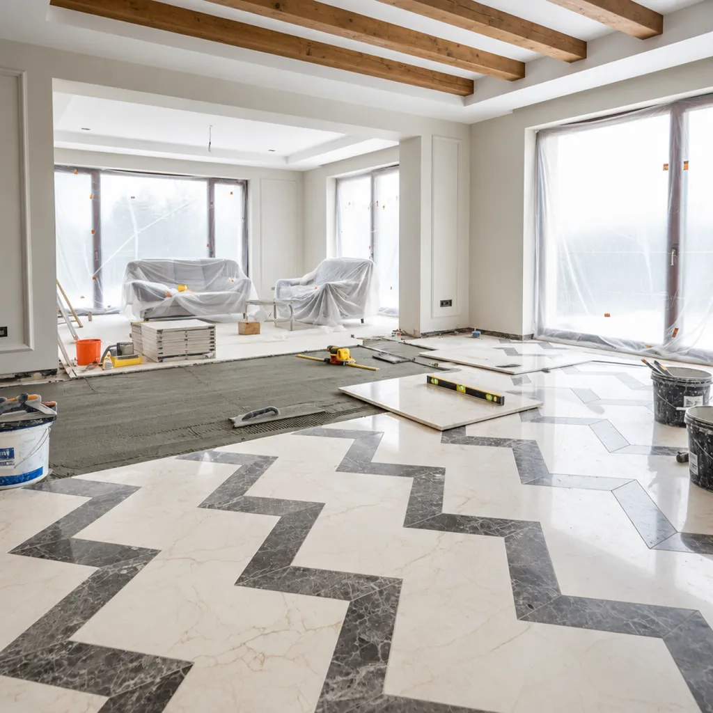 New marble flooring being installed during a District One villa finishes upgrade