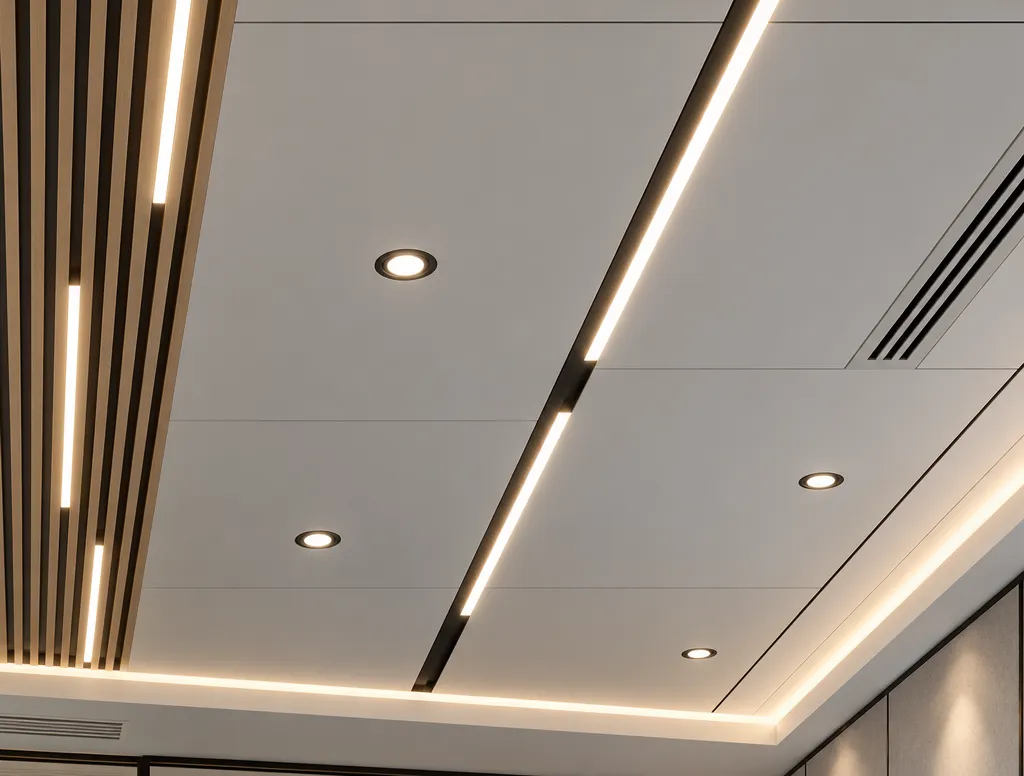 Ceiling with linear AC diffusers and recessed lighting after MEP upgrades