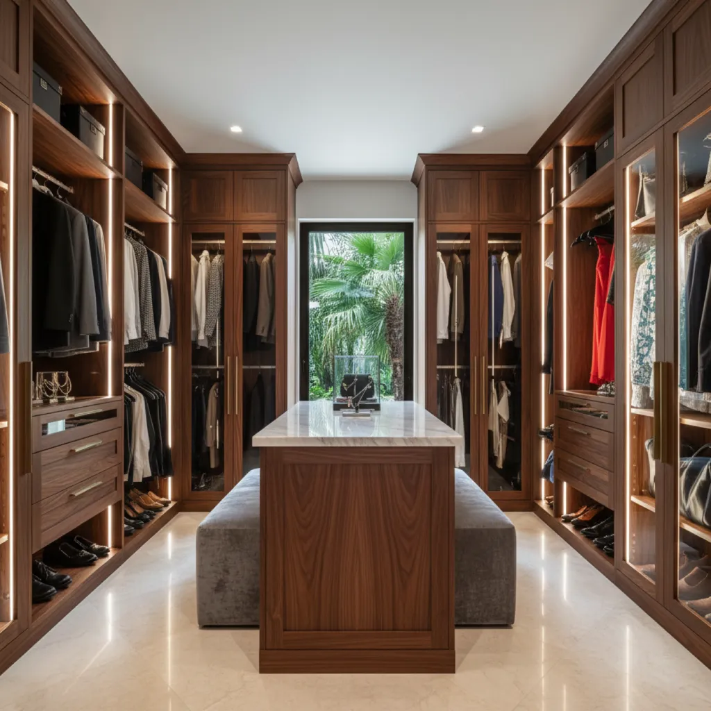 Walk-in wardrobe with bespoke storage in a District One villa