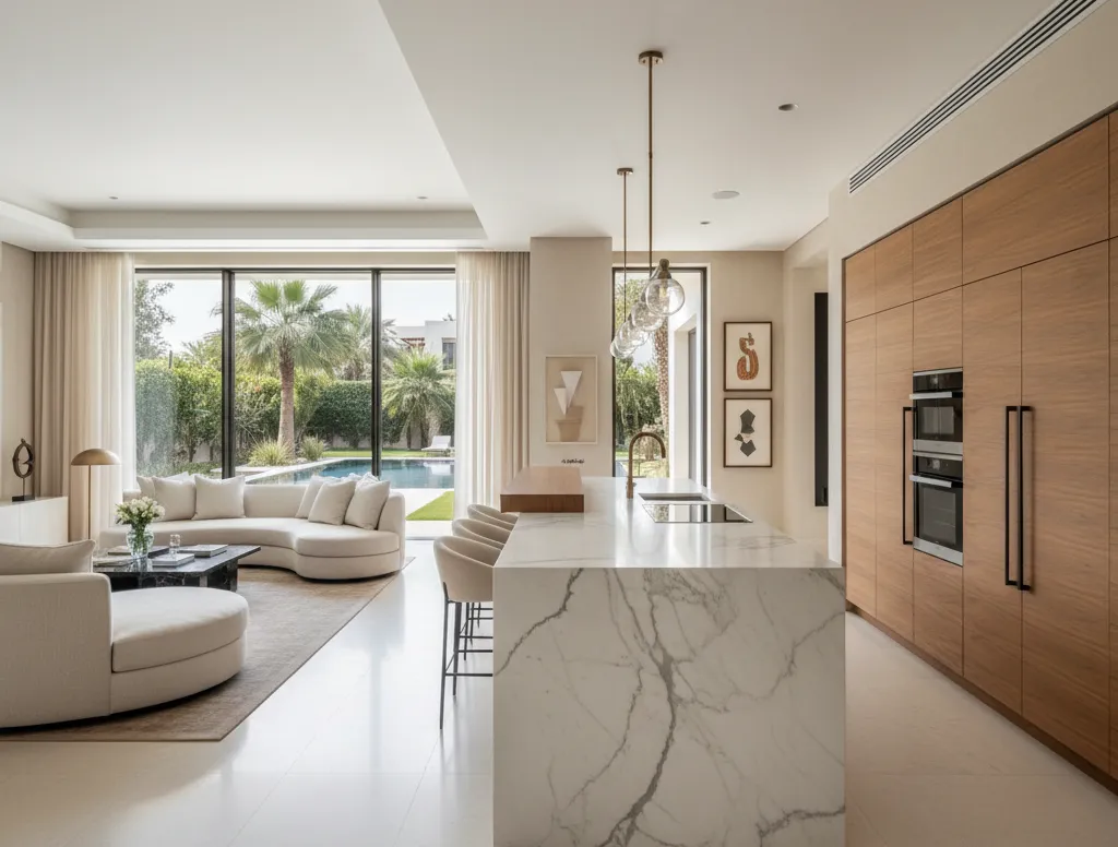 Open-plan kitchen and living area renovation in a Dubai Hills Estate villa