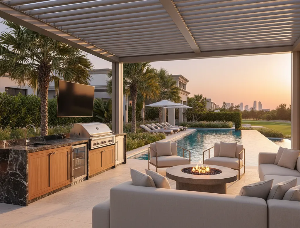 Outdoor kitchen, pergola and pool area at a Dubai Hills Estate villa