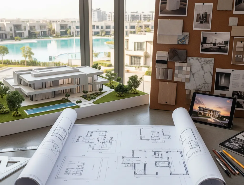 Architectural model and floor plans for a villa extension and layout reconfiguration