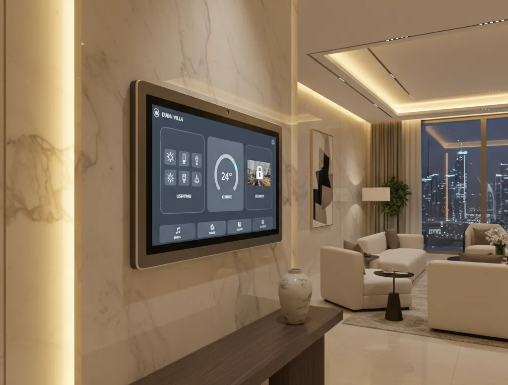 Smart home control panel in a renovated Dubai Hills Estate villa
