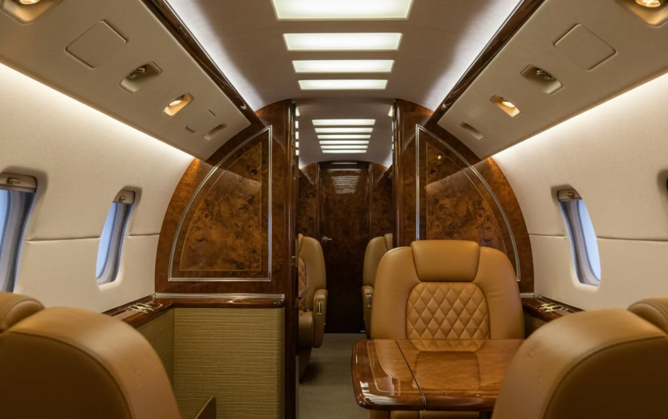 Custom aircraft carpeting in a Gulfstream cabin