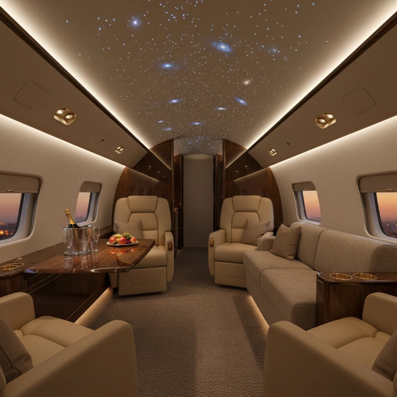 Integrated feature lighting in a private jet cabin