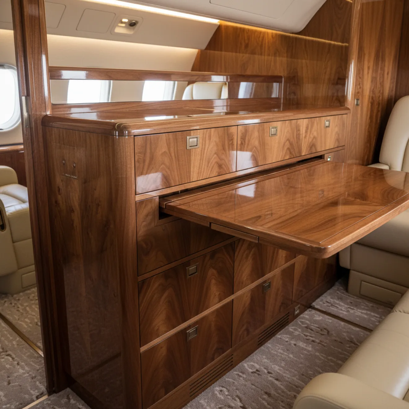 Custom wood cabinetry and aircraft joinery for a Bombardier jet