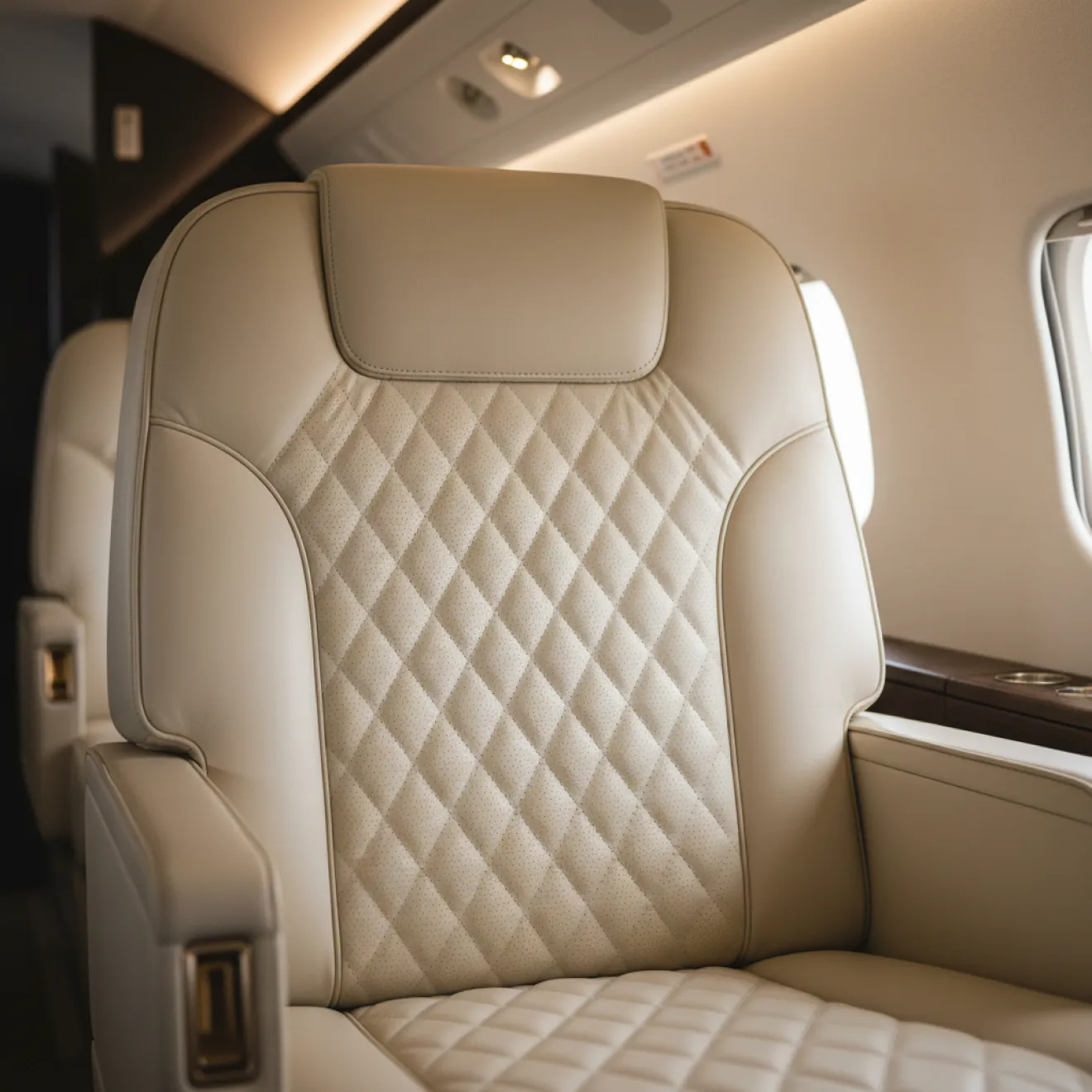 Bespoke quilted leather seating in a Bombardier cabin