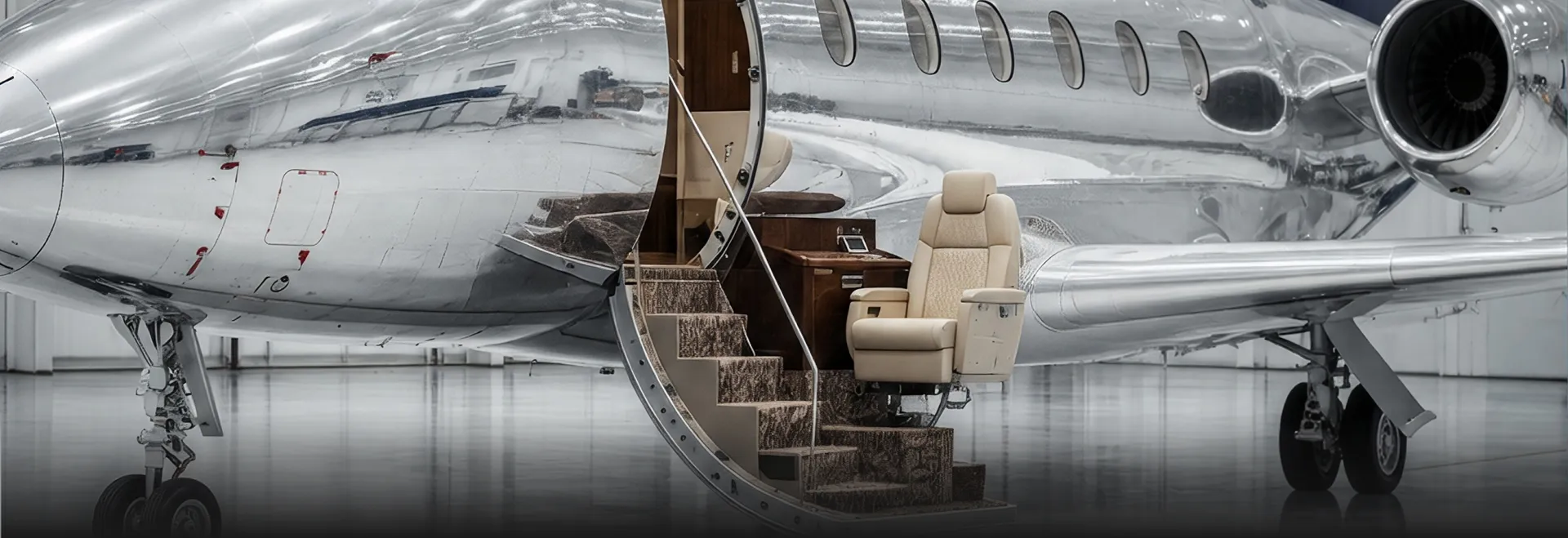 Bombardier jet with bespoke interior in an aviation hangar