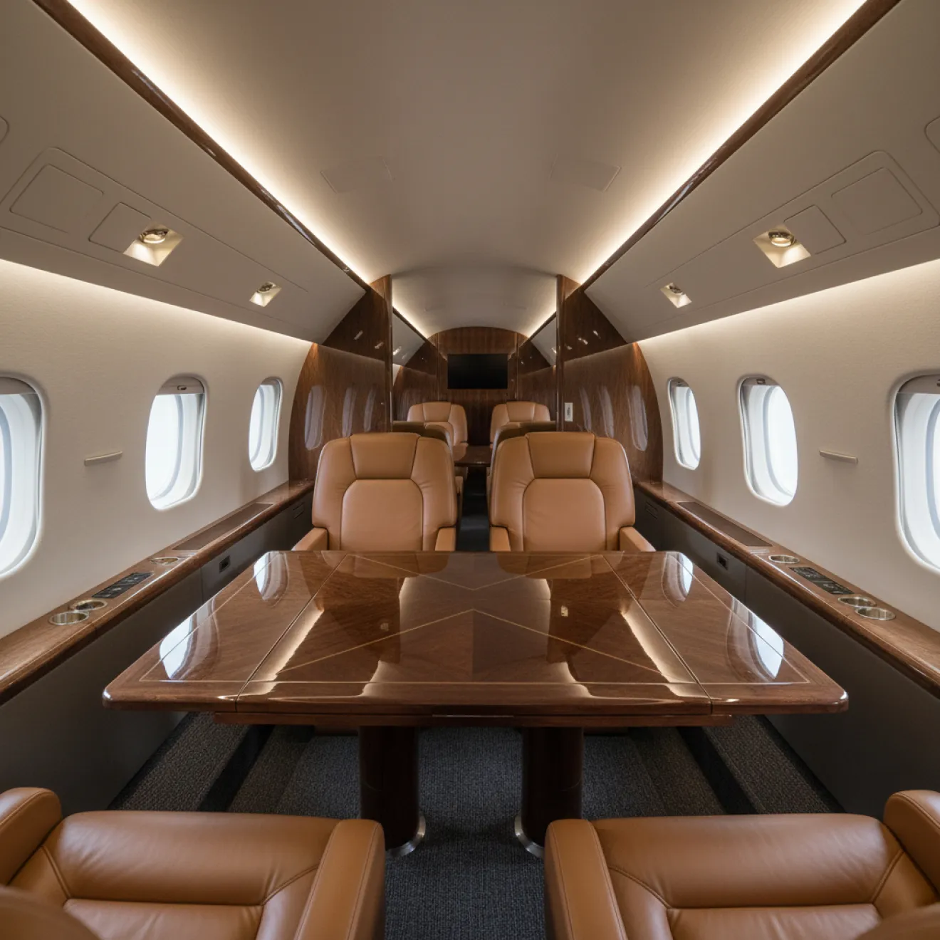 Functional Bombardier cabin with dining and work seating