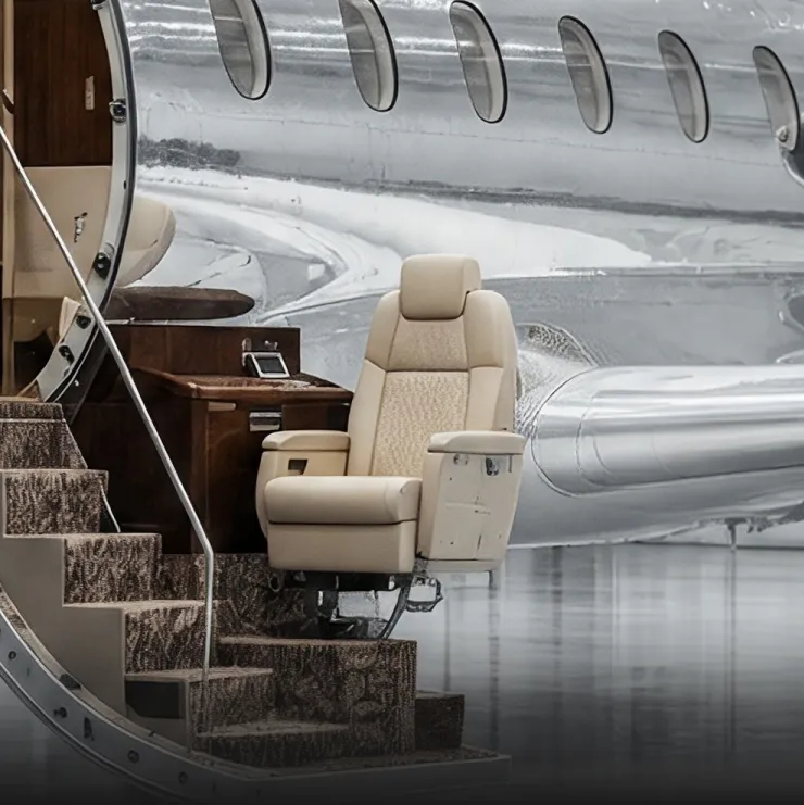 Bombardier jet with bespoke interior in an aviation hangar