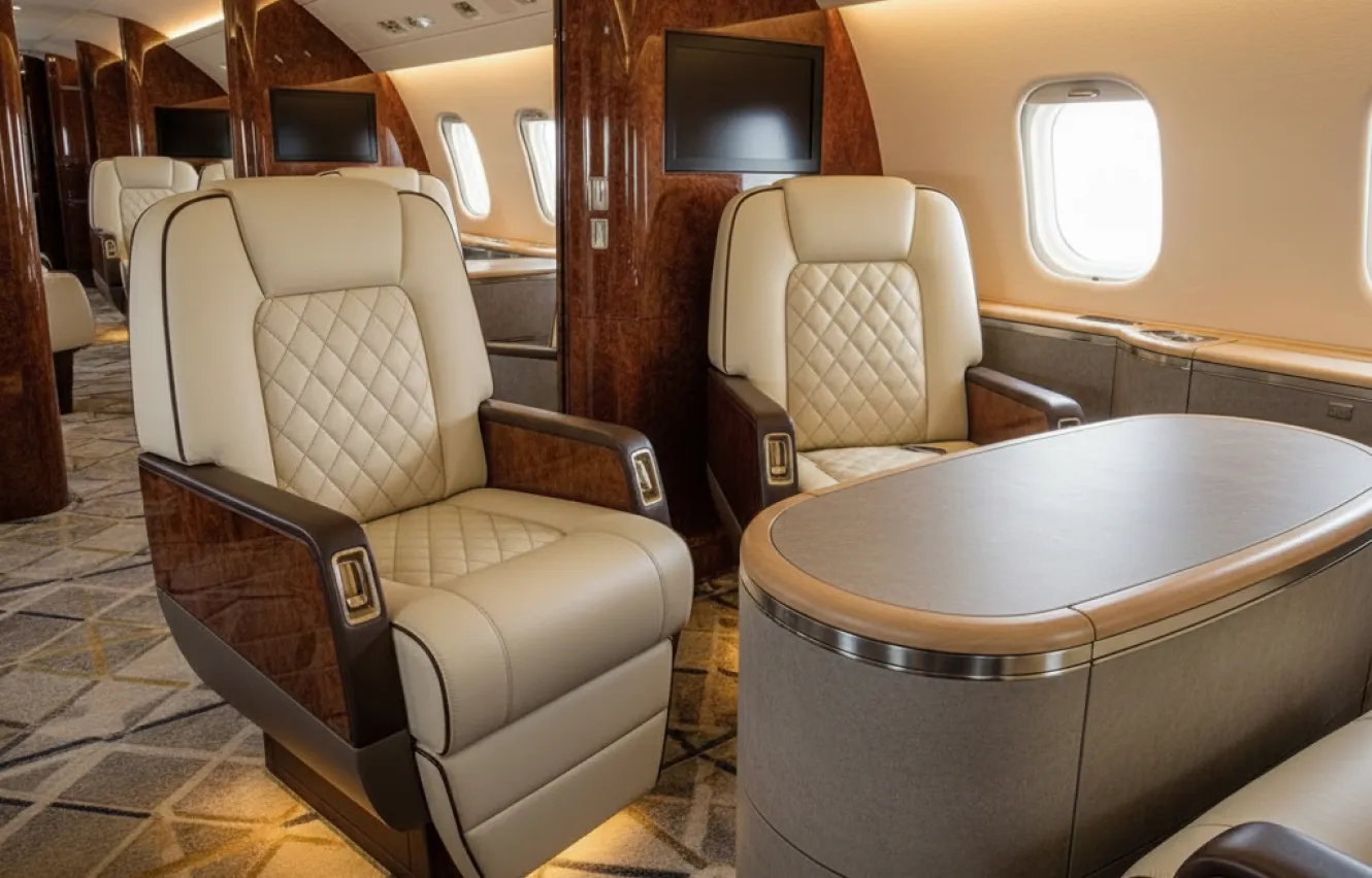 Bespoke Bombardier interior design with custom seating