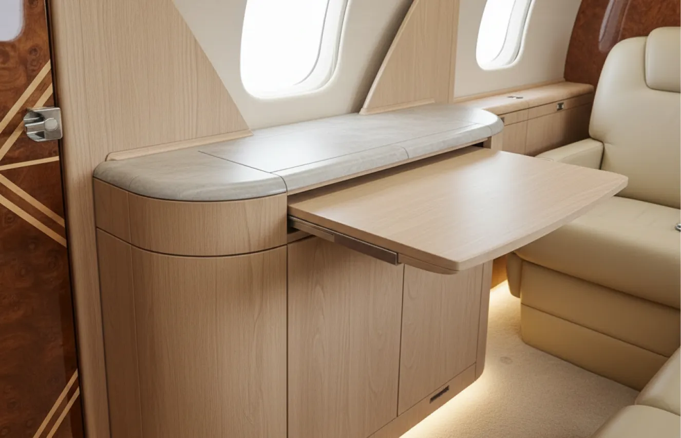 Bespoke furniture and joinery for a Bombardier cabin