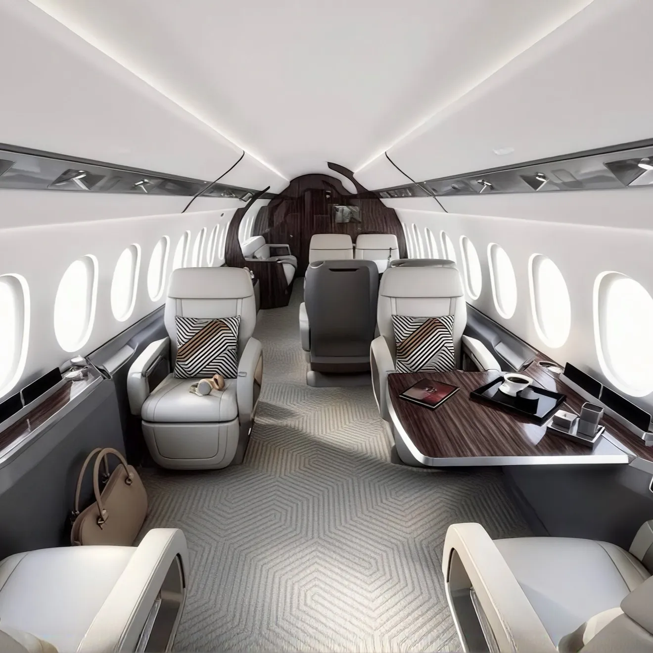Skylit Falcon 6X cabin entry with bespoke seating and finishes