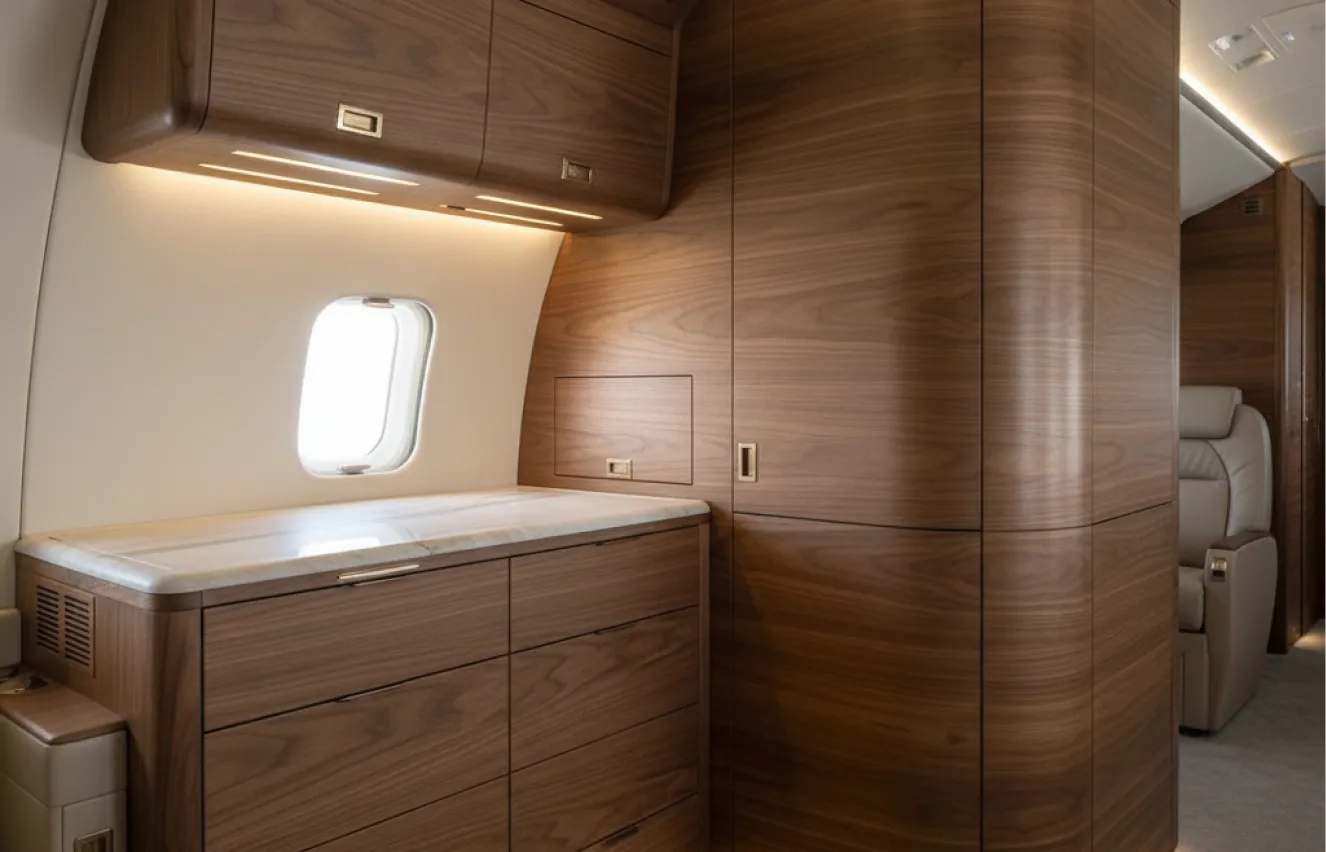 Bespoke wood cabinetry in a Falcon cabin
