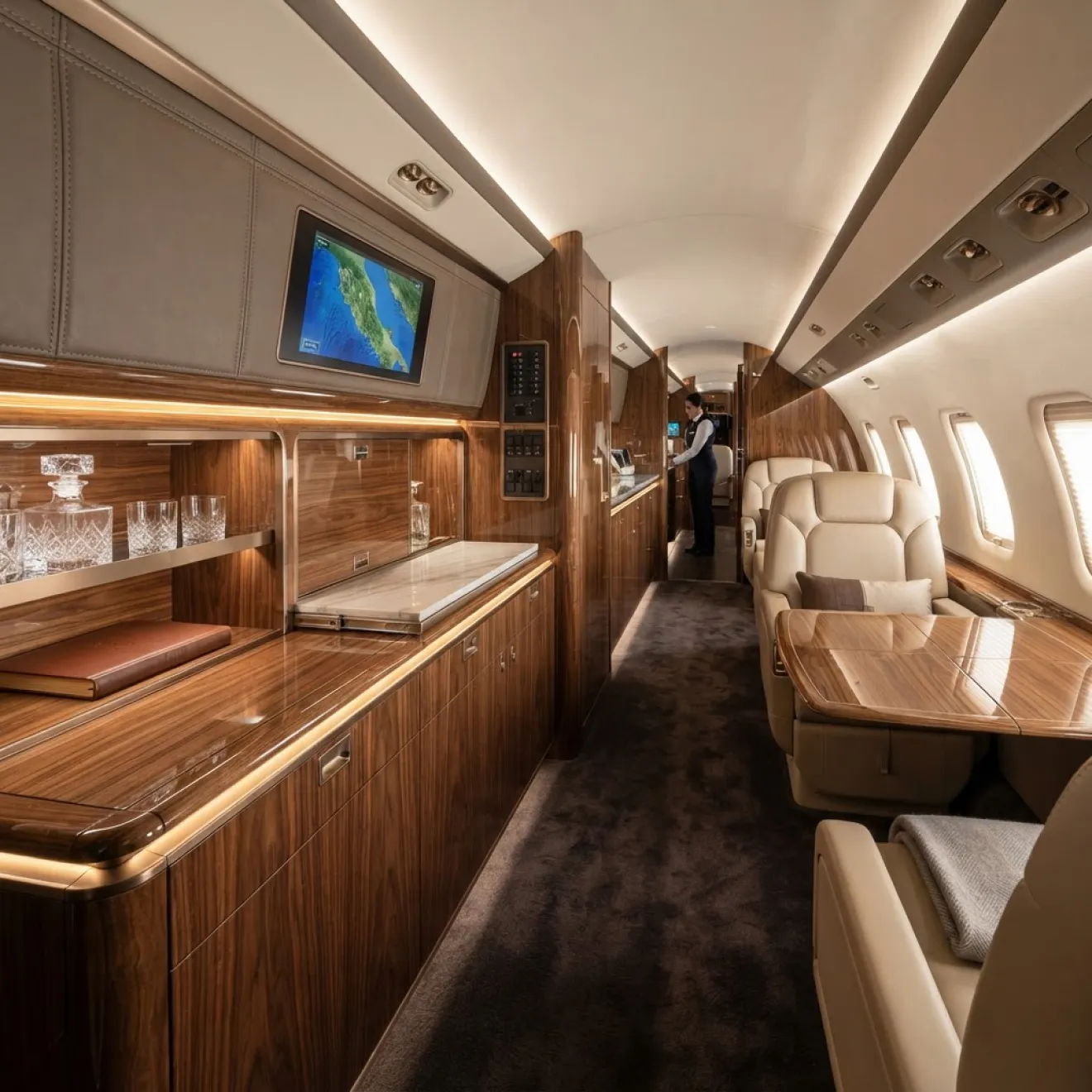 Custom furniture and cabinetry in an Embraer cabin