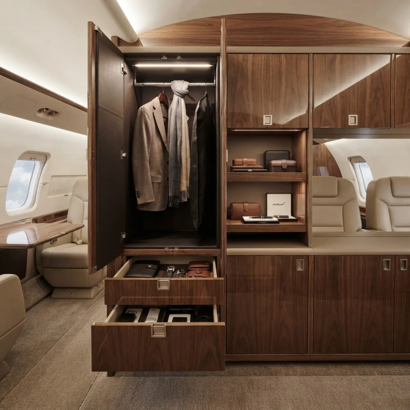 Concealed storage and fitted wardrobe in an Embraer cabin