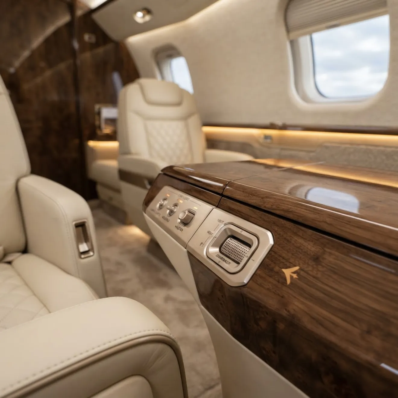 Premium veneer and metallic finishes in an Embraer cabin