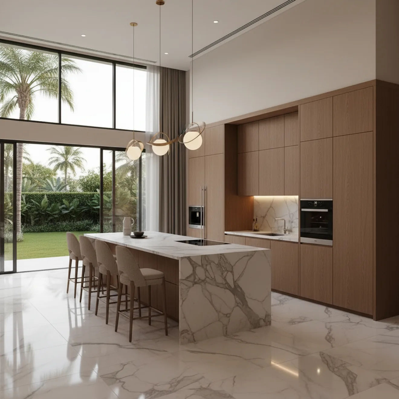 Residential fit out in Dubai with marble kitchen island and timber cabinetry