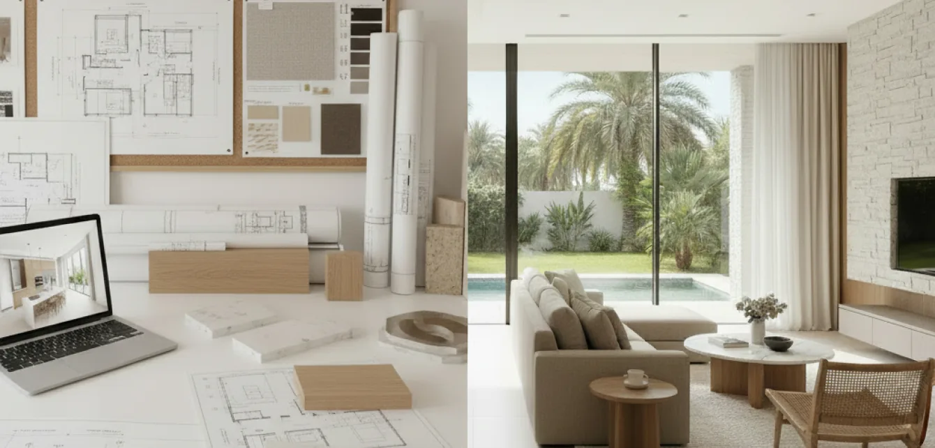 Interior design drawings and material samples beside a completed living room