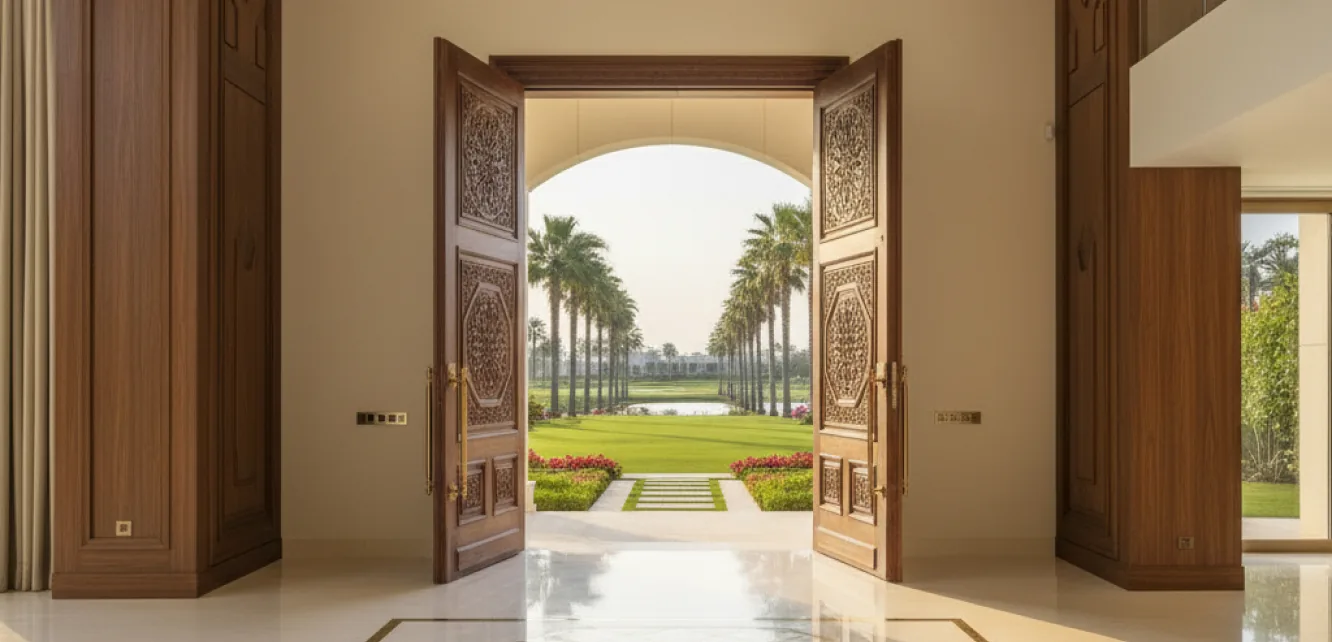 Villa fit out in Dubai with carved timber entrance doors
