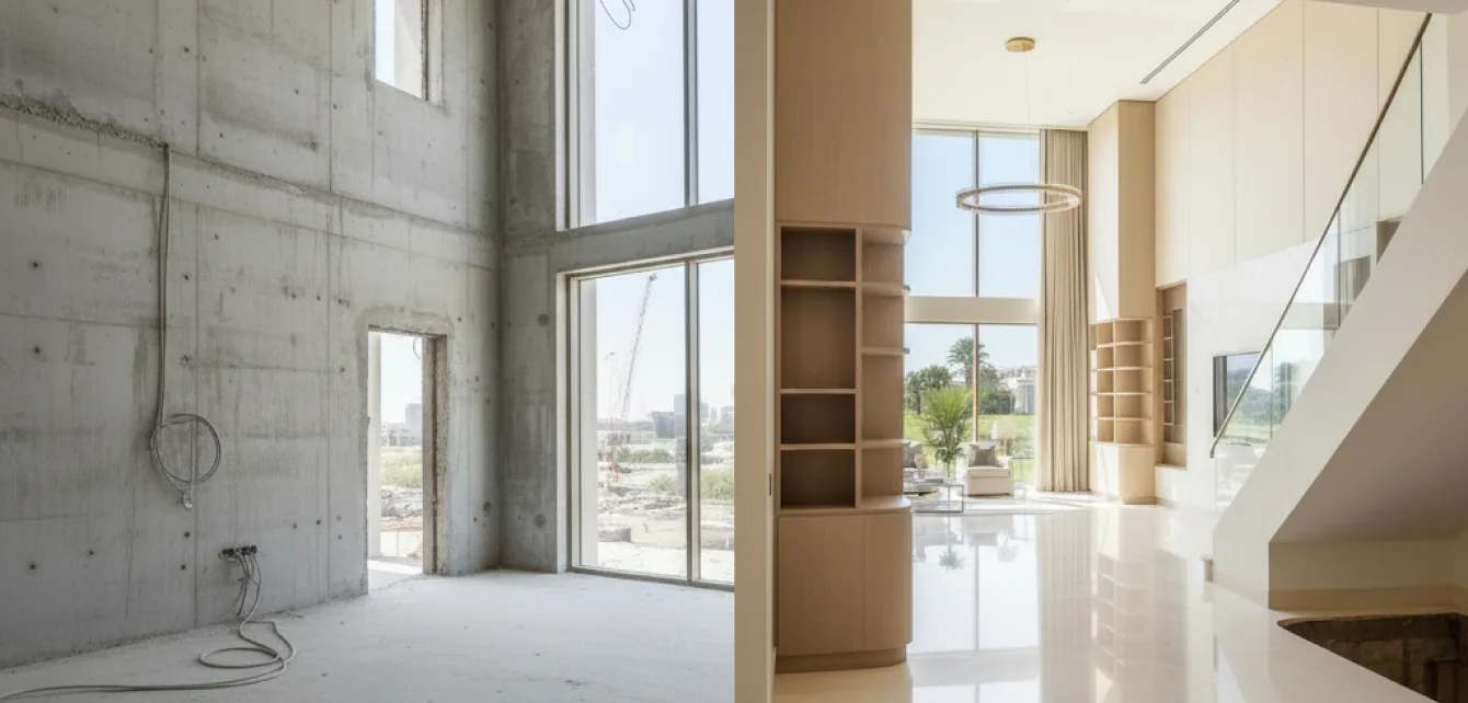 Shell villa interior beside a completed residential fit out