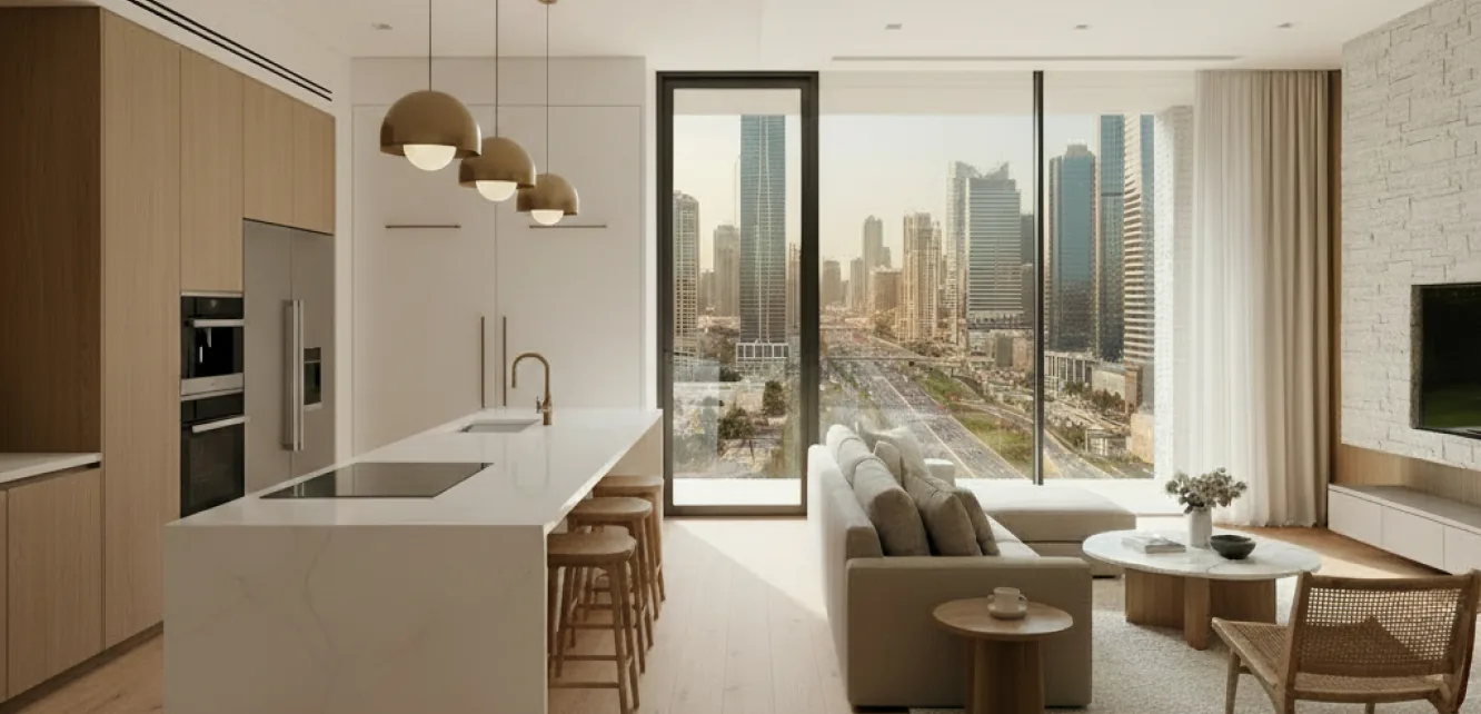 Apartment fit out in Dubai with open-plan kitchen and living area