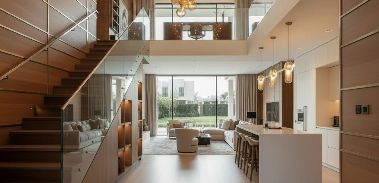 Townhouse interior fit out with timber staircase and double-height living area