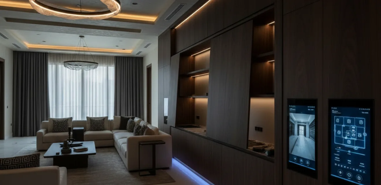 Smart home and security control panels in a residential interior