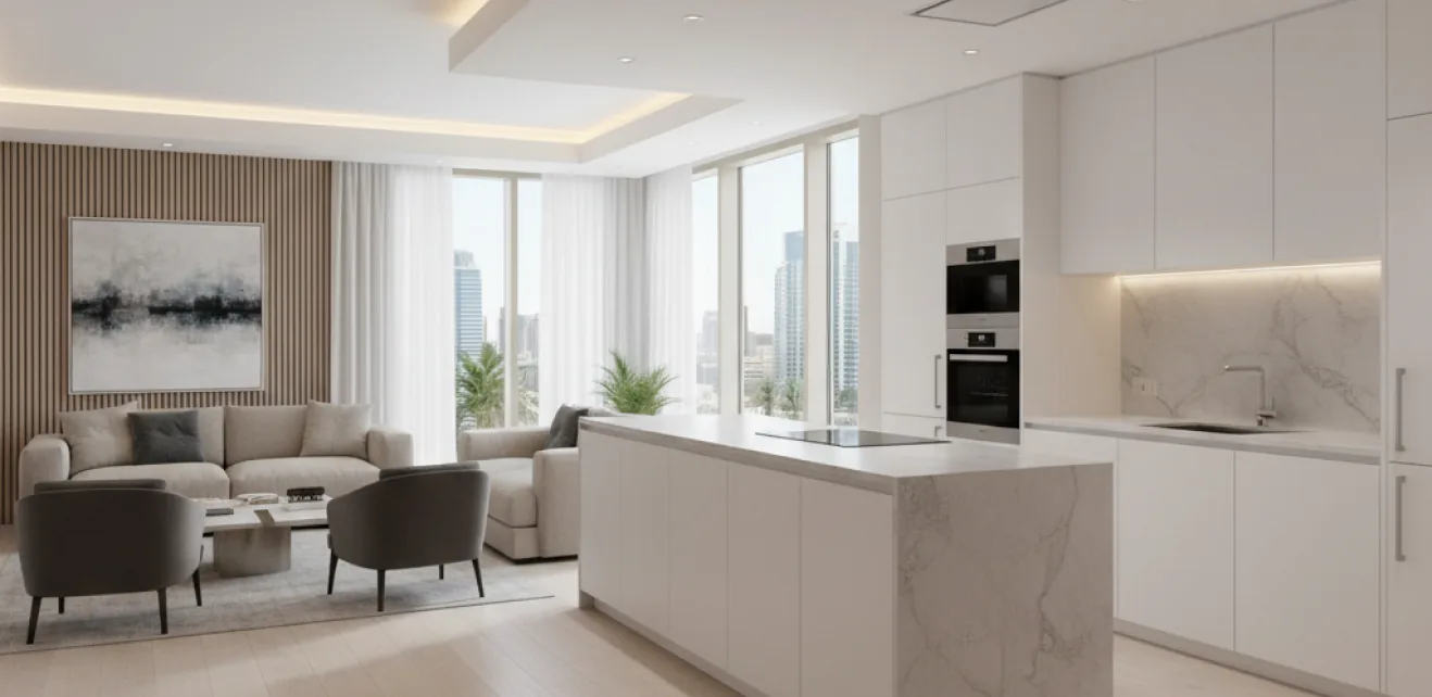 Villa fit out in Dubai with open-plan kitchen and living space