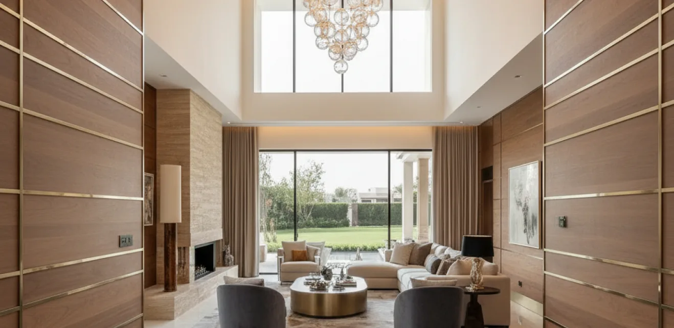 Completed residential fit out with timber wall panelling and chandelier