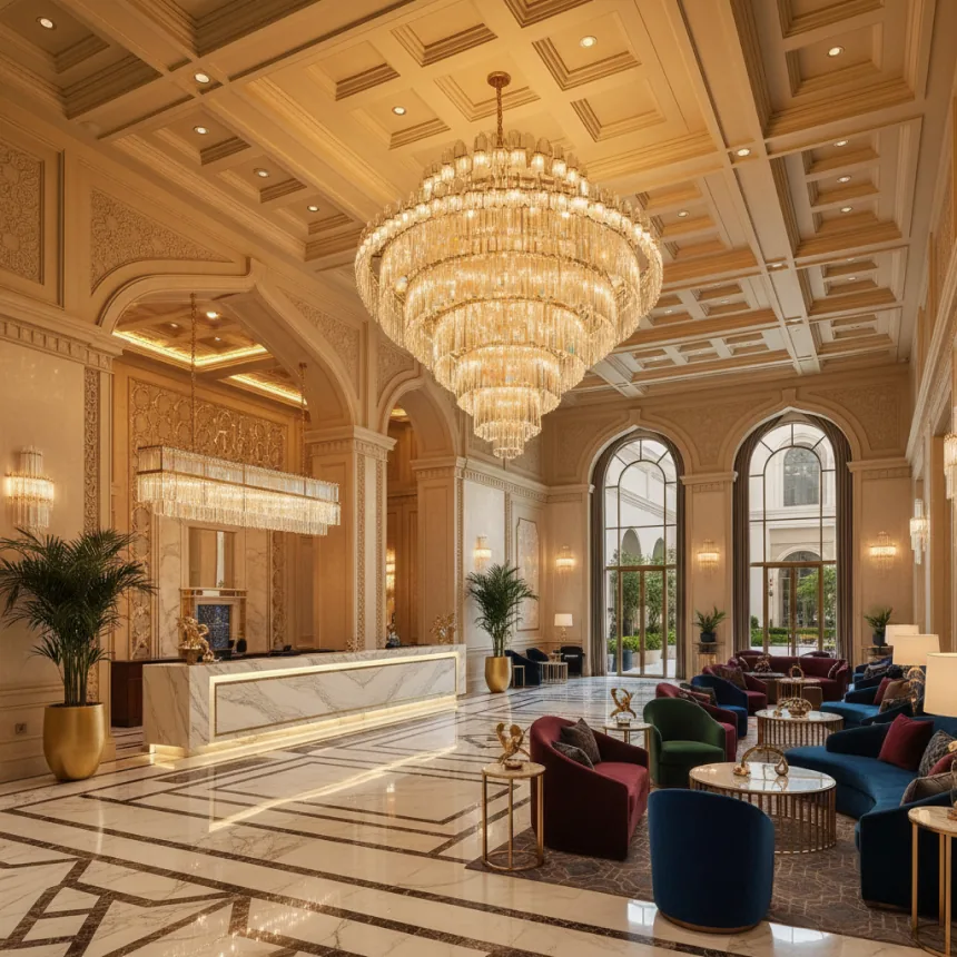 Hotel lobby hospitality fit out with chandelier