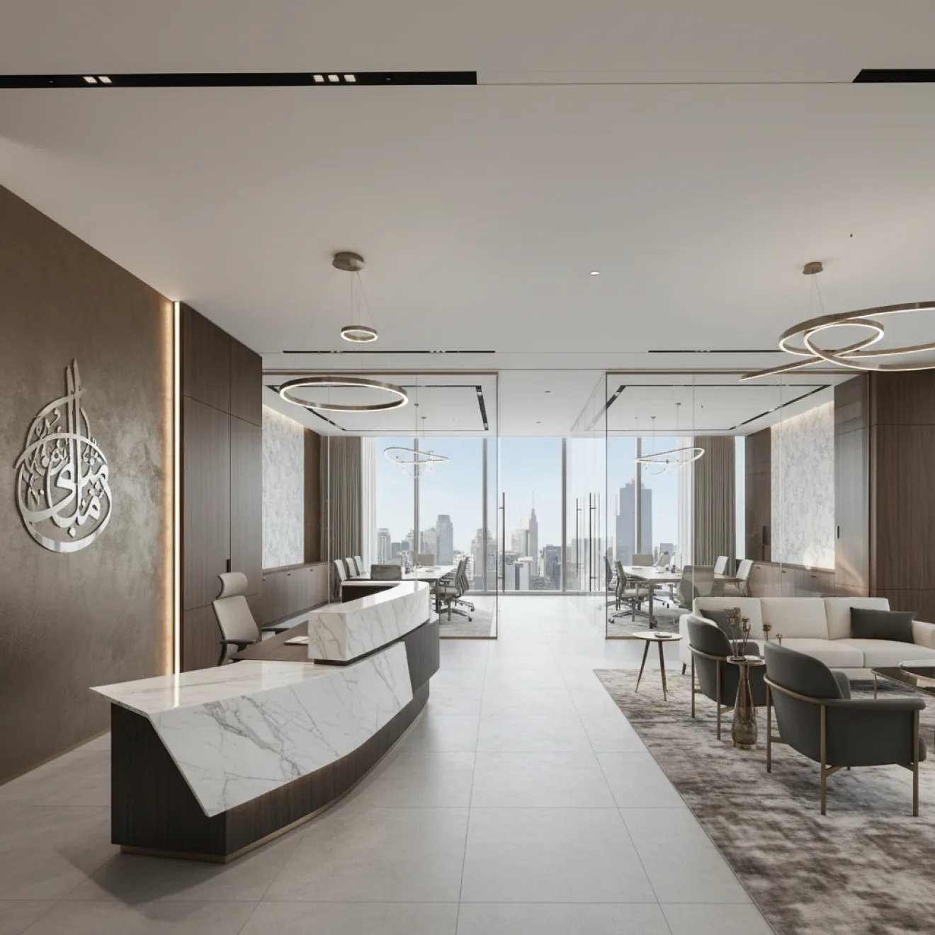 Commercial office fit out in Dubai with marble reception desk and skyline views