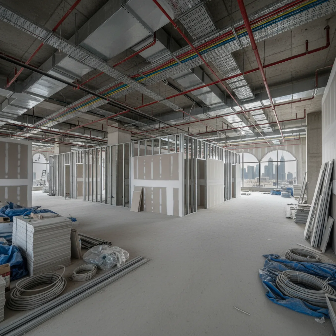 Commercial unit under fit out with exposed MEP services and ceiling works