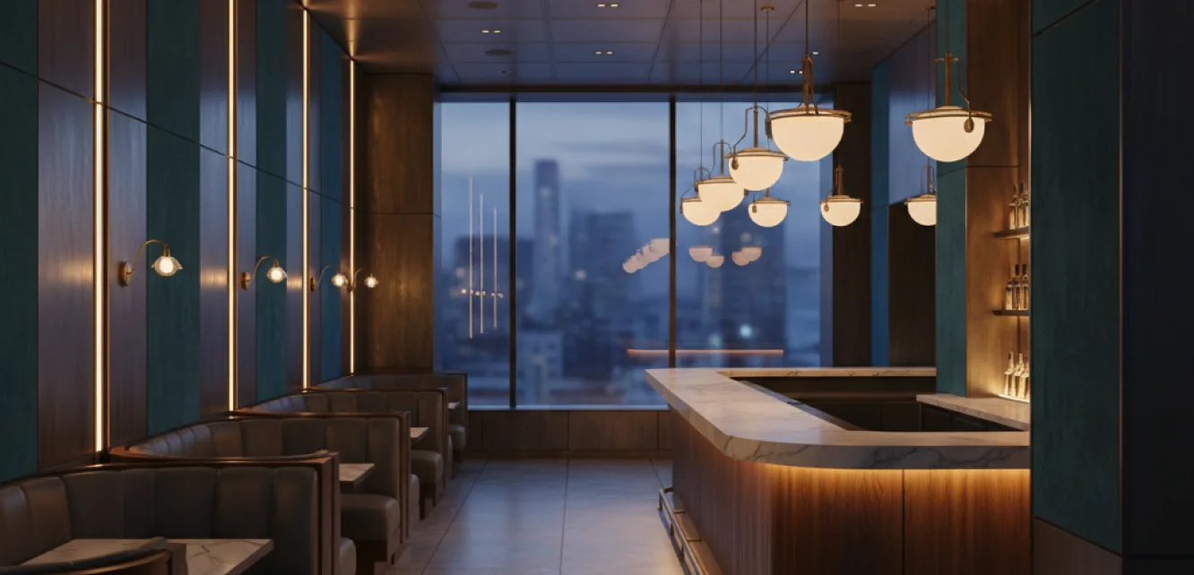 Restaurant fit out in Dubai with bar counter and pendant lighting
