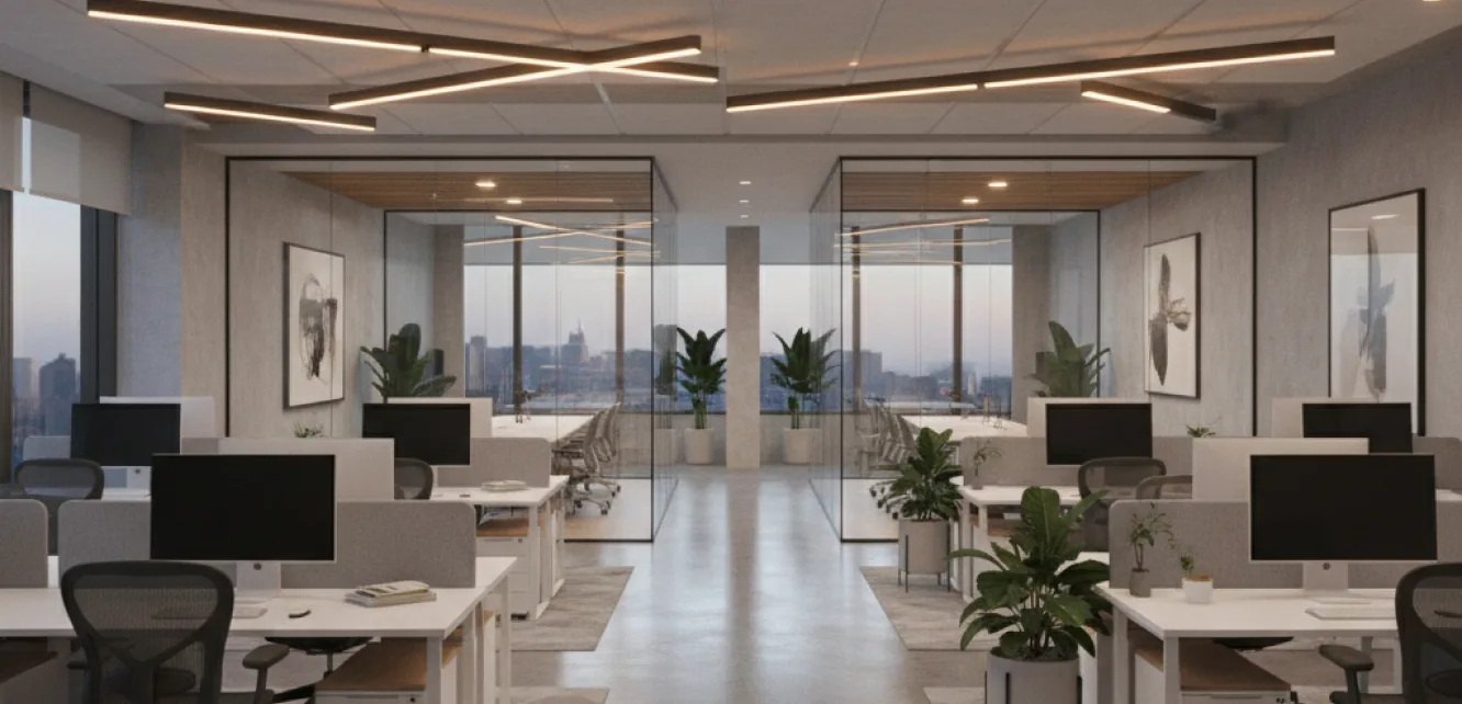 Office and corporate fit out with open-plan workstations and glass meeting rooms