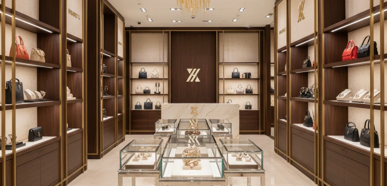 Retail boutique fit out with timber display shelving and lighting