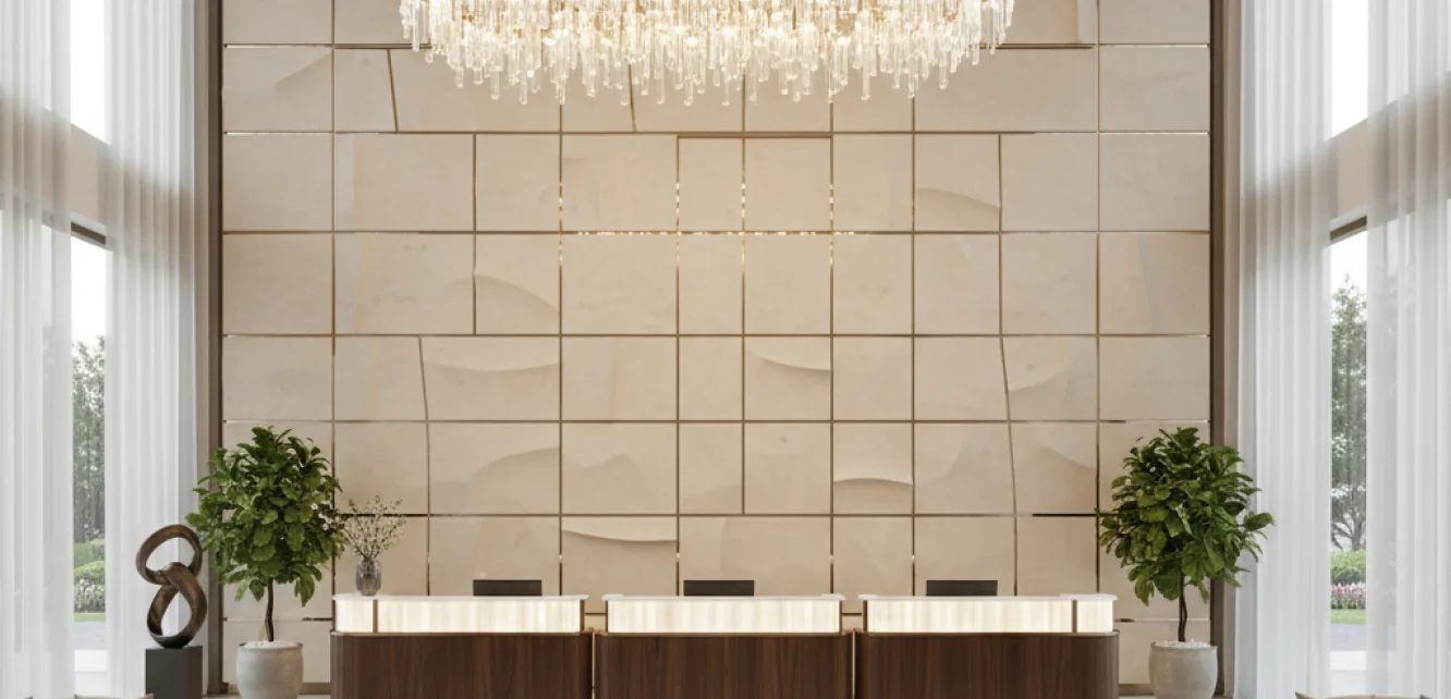 Hotel lobby reception with sculpted wall panels and chandelier