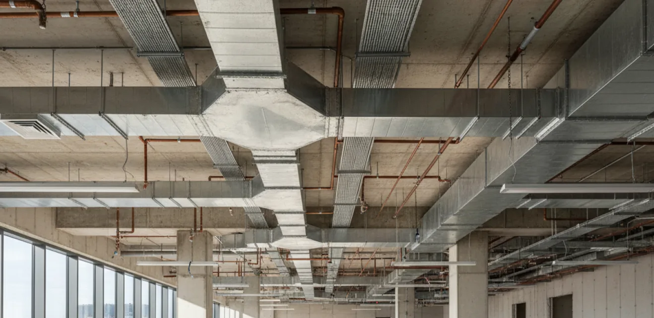 MEP ductwork and services installed in a commercial ceiling
