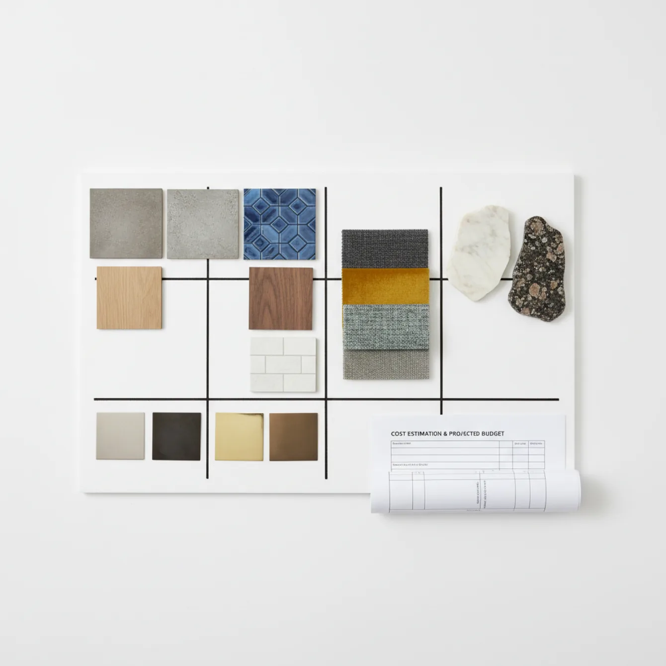 Material sample board and cost estimate for commercial fit out pricing