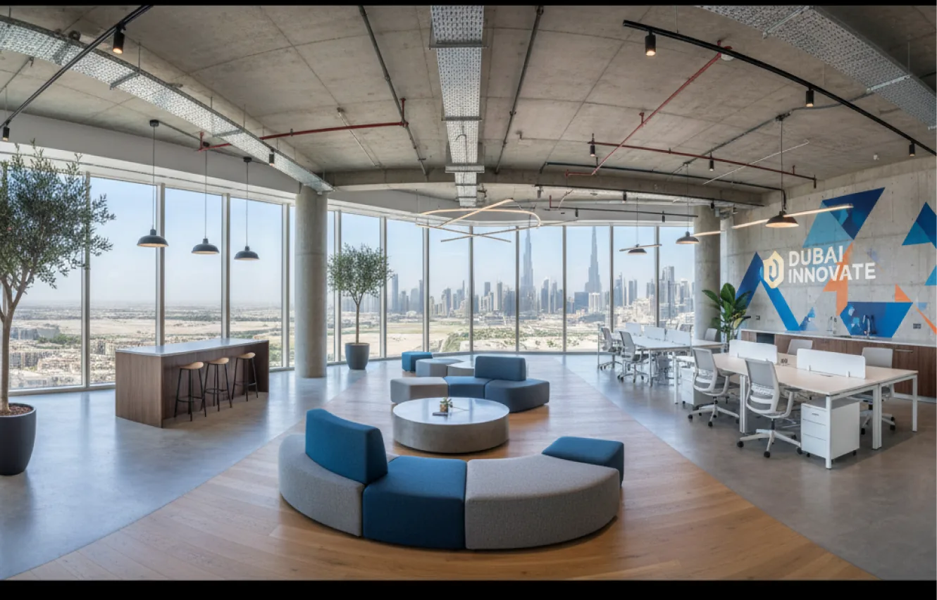 Turnkey commercial office fit out with breakout seating in Dubai