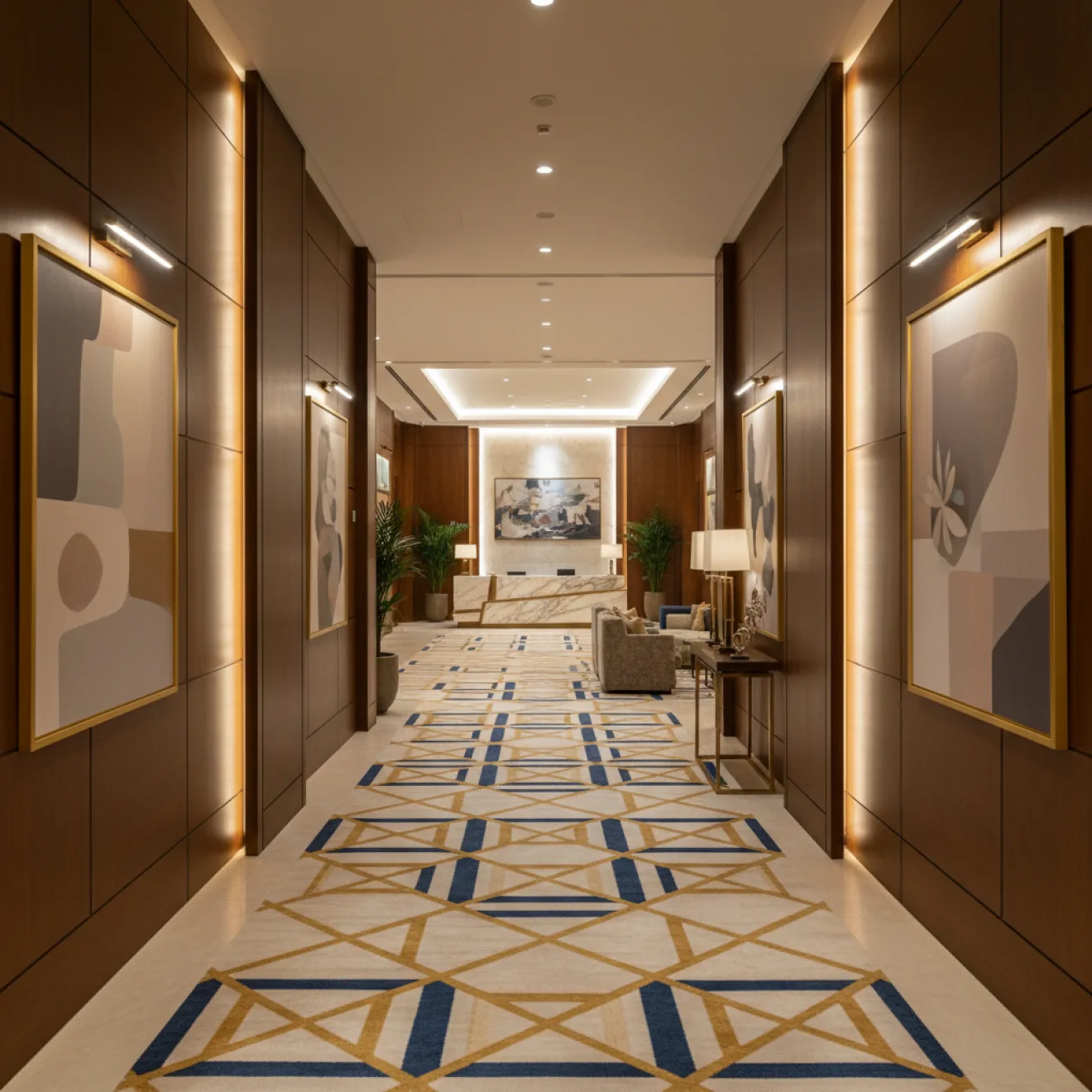 Hotel corridor with timber wall panelling and patterned carpet