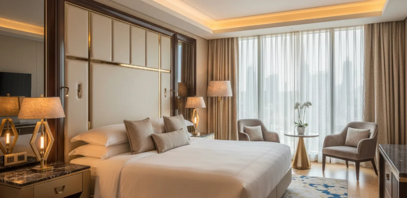 Hotel guest room fit out with upholstered headboard and city views
