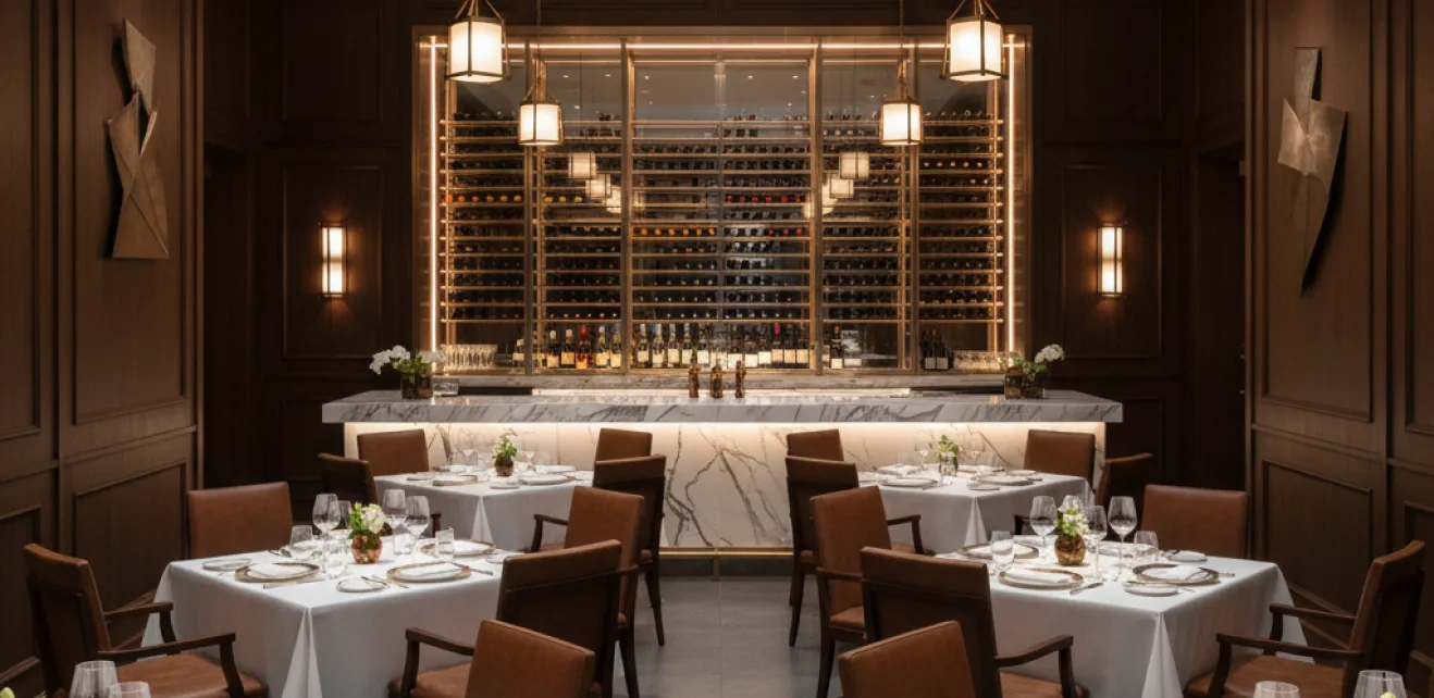 Restaurant fit out with wine display wall and dining tables